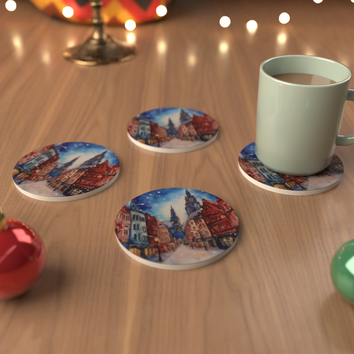 Christmas Watercolour Townscape Round Ceramic Coasters – Set of 6 – Pre-order – lifestyle mockup 3