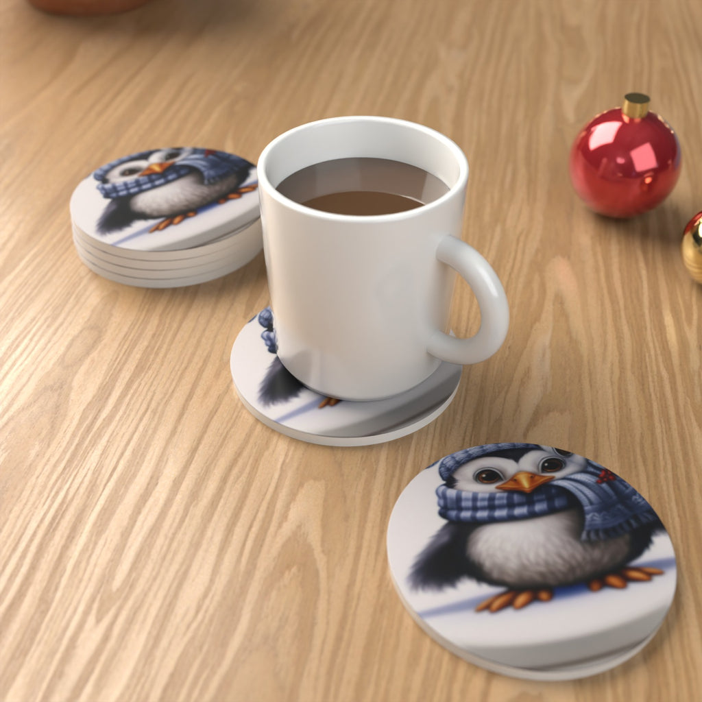 Christmas Penguin in Blue Scarf Round Ceramic Coasters – Set of 6 – Pre-order – lifestyle mockup 1