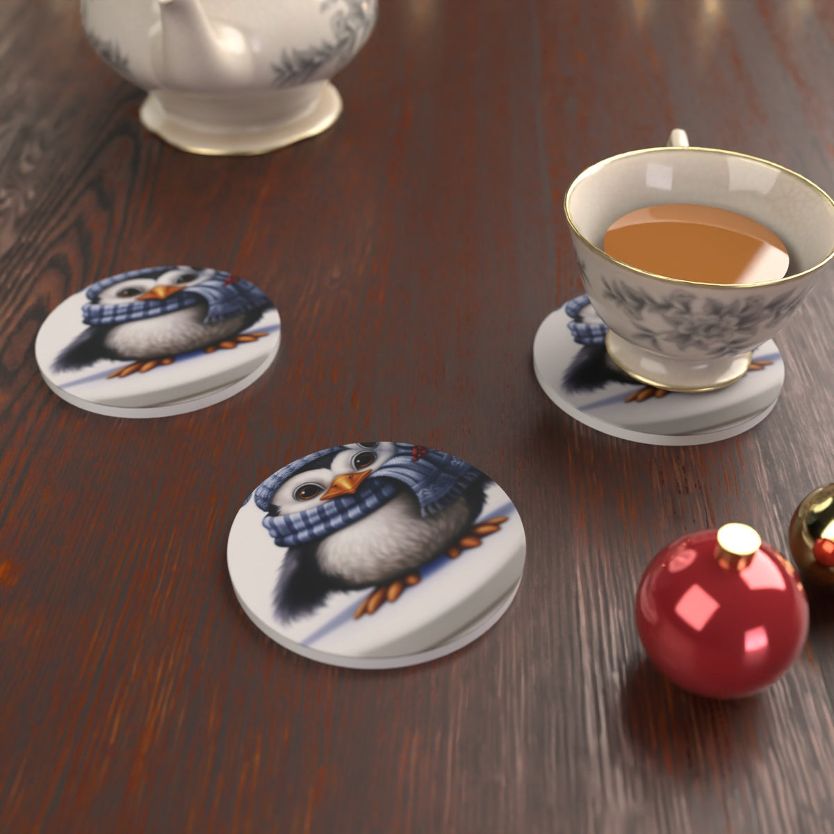 Christmas Penguin in Blue Scarf Round Ceramic Coasters – Set of 6 – Pre-order – lifestyle mockup 2