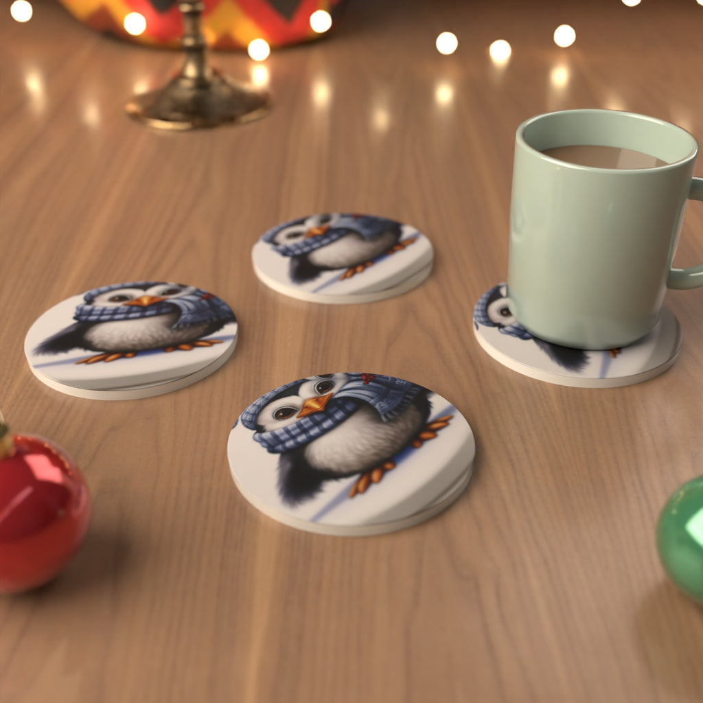 Christmas Penguin in Blue Scarf Round Ceramic Coasters – Set of 6 – Pre-order – lifestyle mockup 3