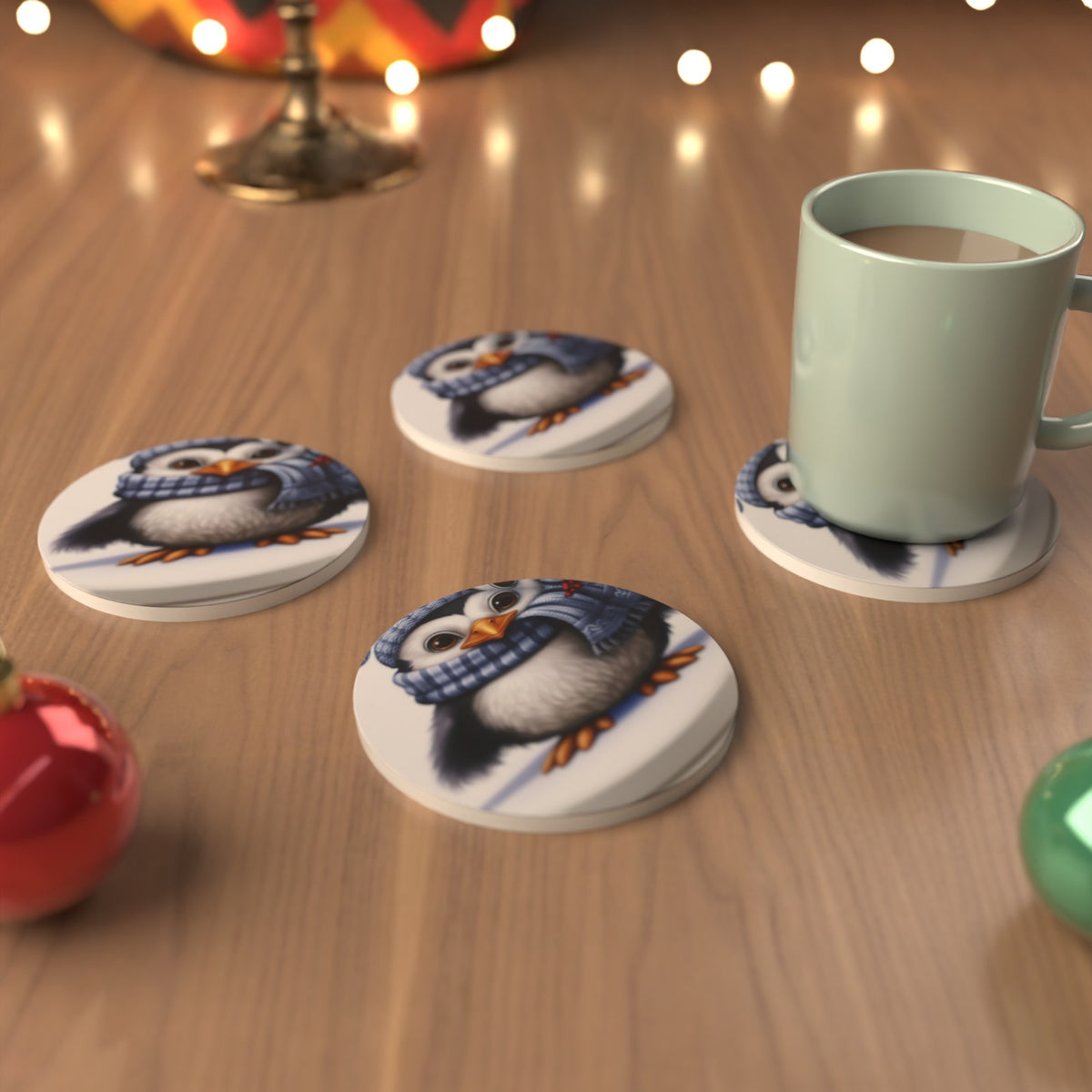 Christmas Penguin in Blue Scarf Round Ceramic Coasters – Set of 6 – Pre-order – lifestyle mockup 3