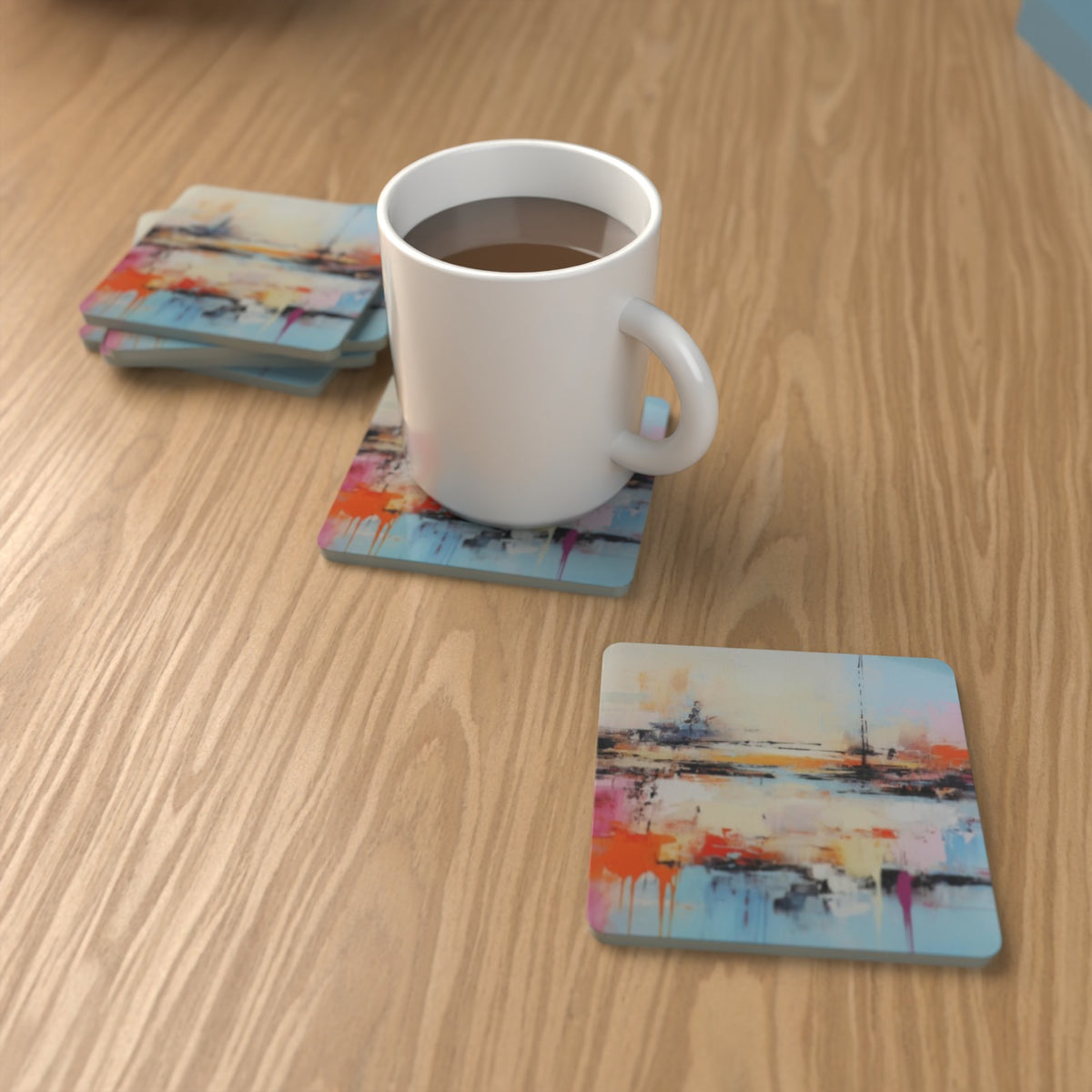 Watercolour Seascape Square Glass Coasters – Set of 6 – Pre-order – lifestyle mockup 1