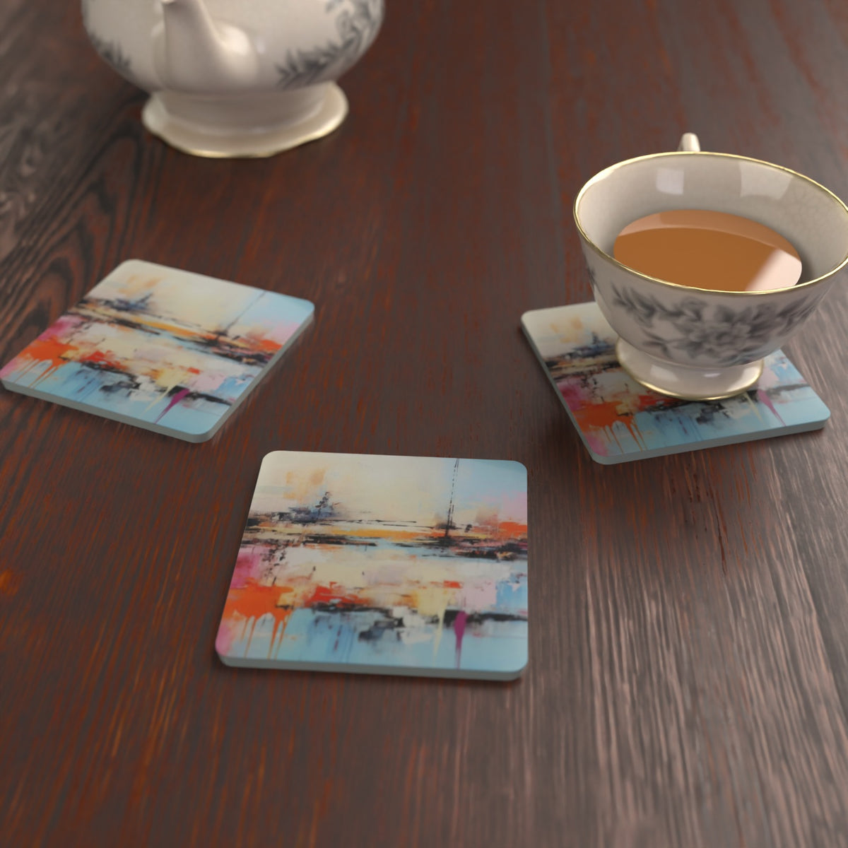 Watercolour Seascape Square Glass Coasters – Set of 6 – Pre-order – lifestyle mockup 2