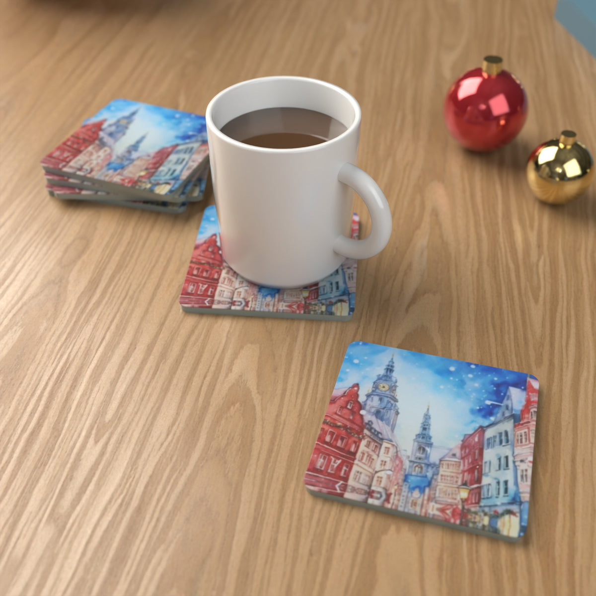 Christmas Watercolour Townscape Square Glass Coasters – Set of 6 – Pre-order – lifestyle mockup 1