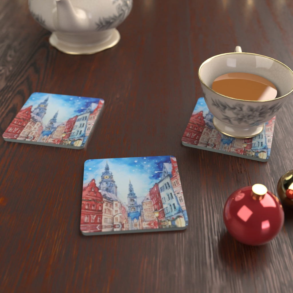 Christmas Watercolour Townscape Square Glass Coasters – Set of 6 – Pre-order – lifestyle mockup 2