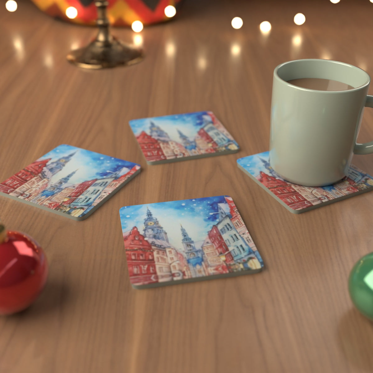 Christmas Watercolour Townscape Square Glass Coasters – Set of 6 – Pre-order – lifestyle mockup 3