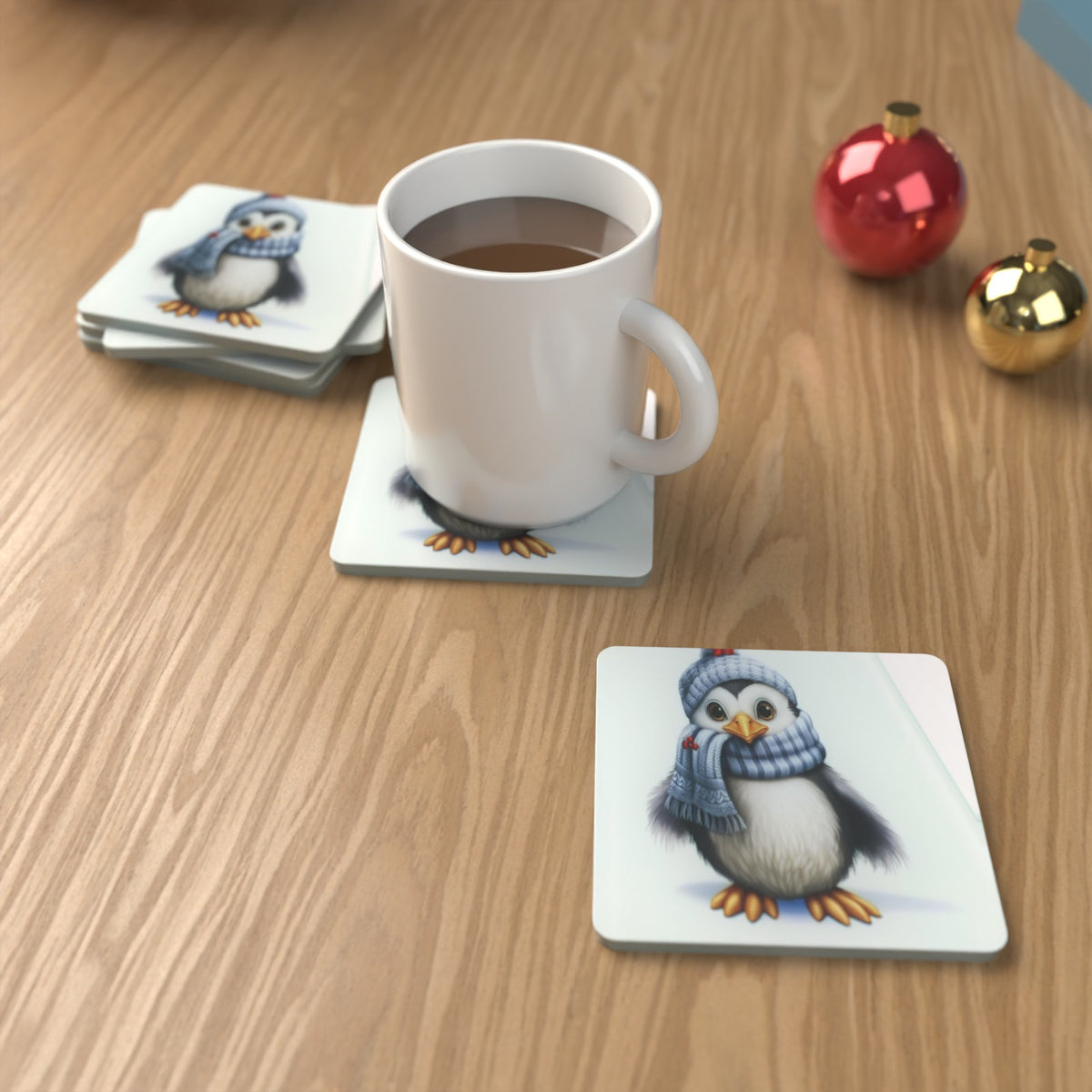 Christmas Penguin in Blue Scarf Square Glass Coasters – Set of 6 – Pre-order – lifestyle mockup 1