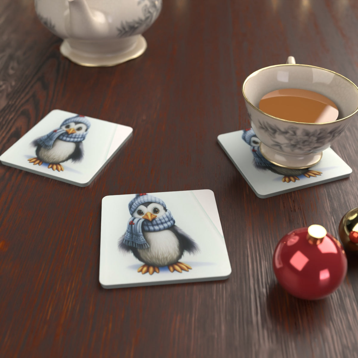 Christmas Penguin in Blue Scarf Square Glass Coasters – Set of 6 – Pre-order – lifestyle mockup 2