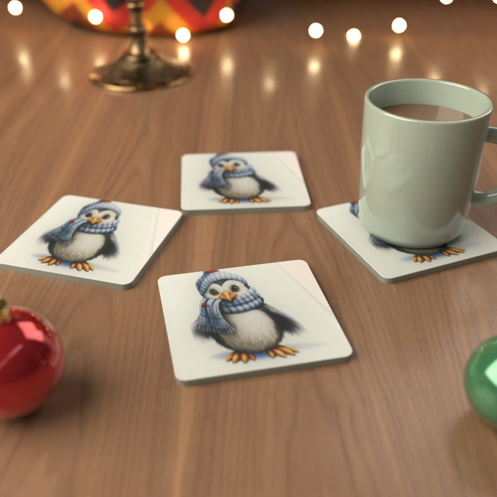 Christmas Penguin in Blue Scarf Square Glass Coasters – Set of 6 – Pre-order – lifestyle mockup 3