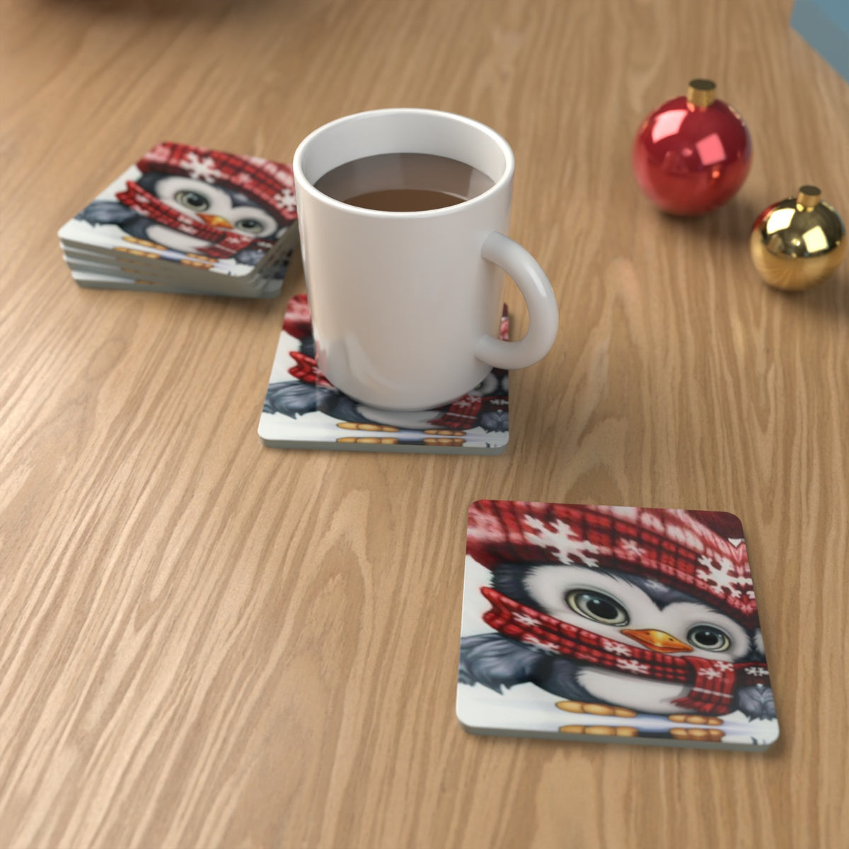 Christmas Penguins in Red Hats Square Glass Coasters – Set of 6 – Pre-order – lifestyle mockup 1