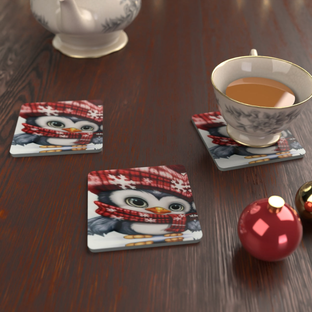 Christmas Penguins in Red Hats Square Glass Coasters – Set of 6 – Pre-order – lifestyle mockup 2