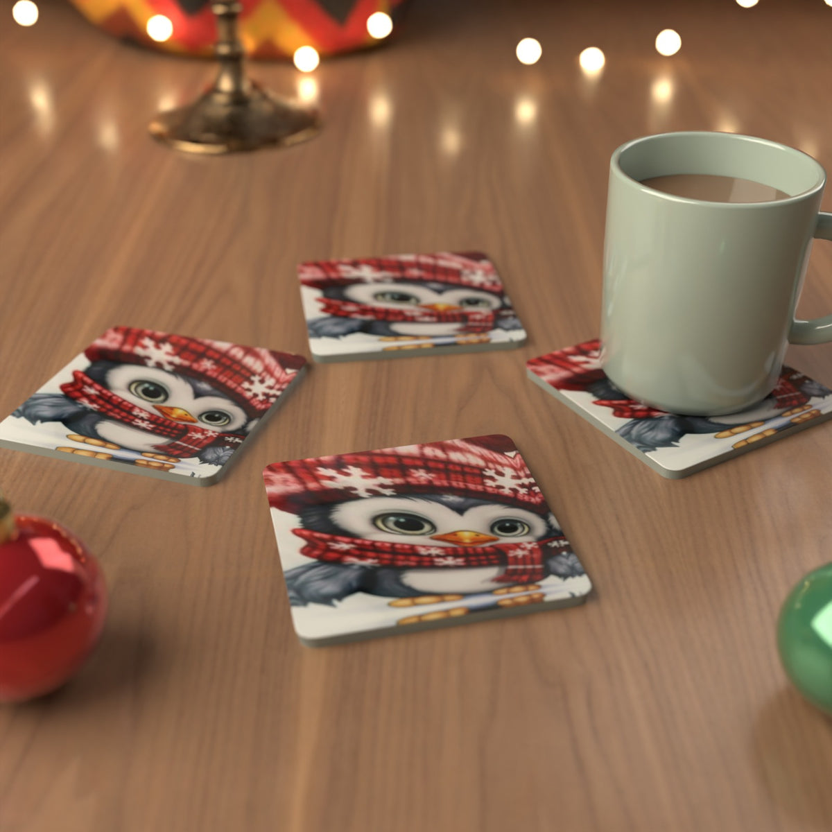 Christmas Penguins in Red Hats Square Glass Coasters – Set of 6 – Pre-order – lifestyle mockup 3