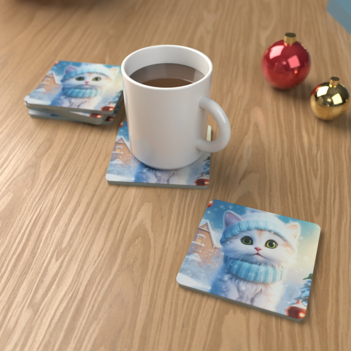 Christmas Kitten in Blue Scarf Square Glass Coasters – Set of 6 – Pre-order – lifestyle mockup 1