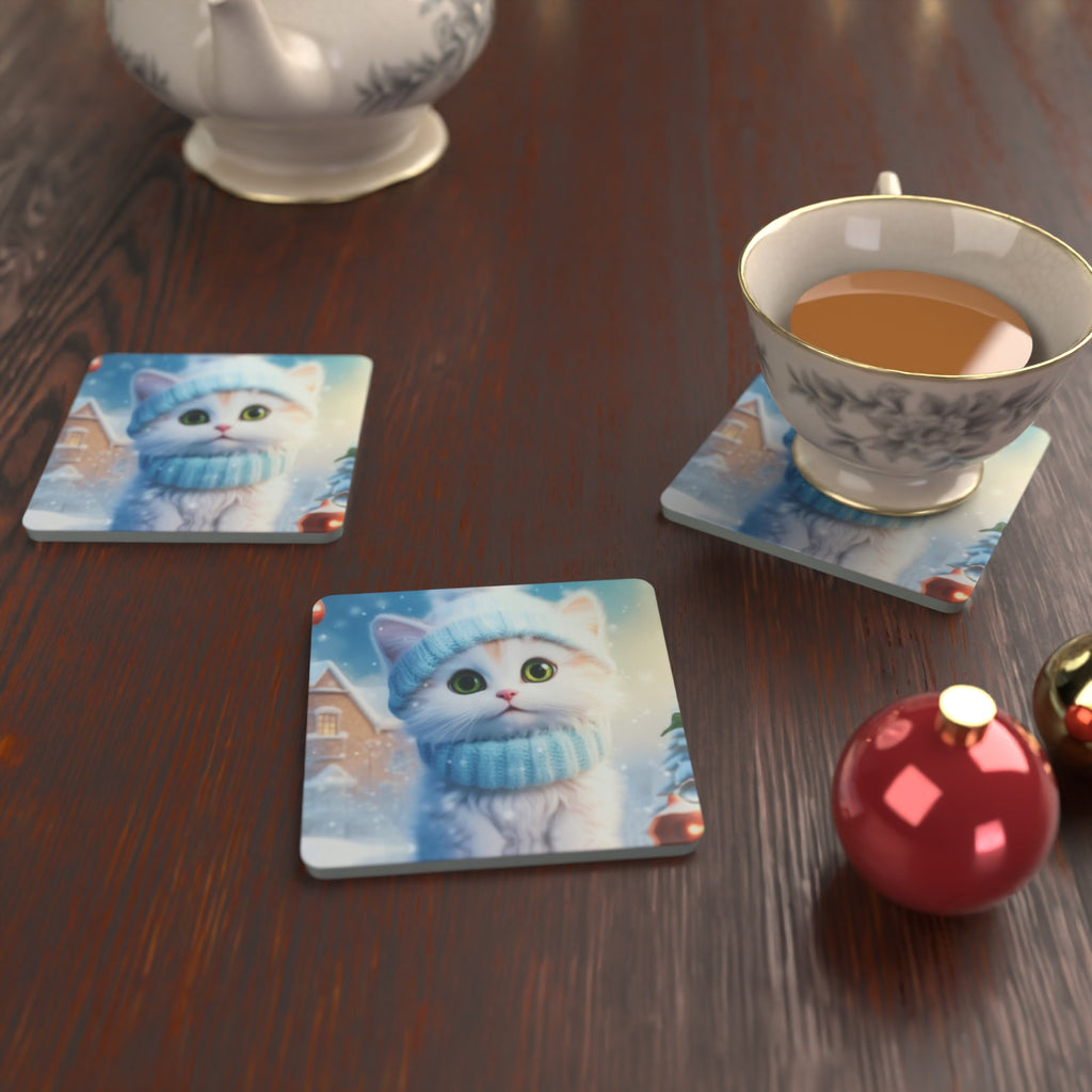 Christmas Kitten in Blue Scarf Square Glass Coasters – Set of 6 – Pre-order – lifestyle mockup 2