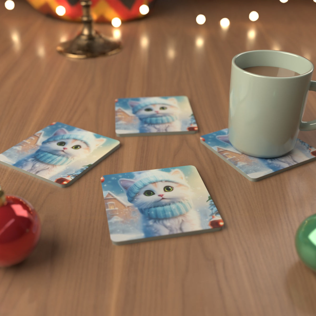 Christmas Kitten in Blue Scarf Square Glass Coasters – Set of 6 – Pre-order – lifestyle mockup 3