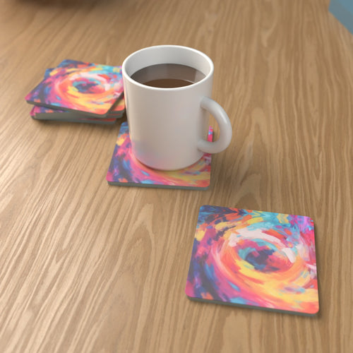 Abstract Vortex No.9 Square Glass Coasters – Set of 6 – Pre-order – lifestyle mockup 1