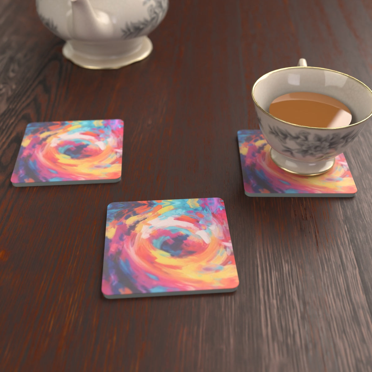 Abstract Vortex No.9 Square Glass Coasters – Set of 6 – Pre-order – lifestyle mockup 2