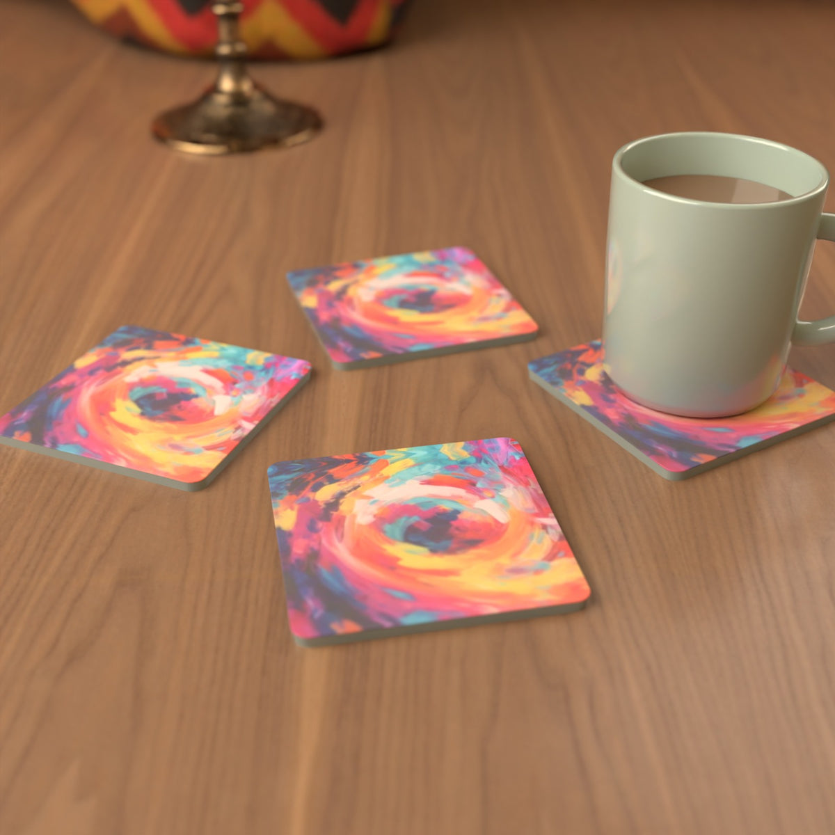 Abstract Vortex No.9 Square Glass Coasters – Set of 6 – Pre-order – lifestyle mockup 3