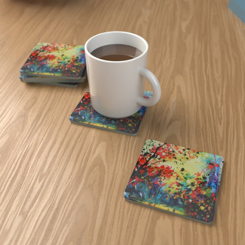 Abstract Spring Woodland Square Glass Coasters – Set of 6 – Coming Soon – lifestyle mockup 1