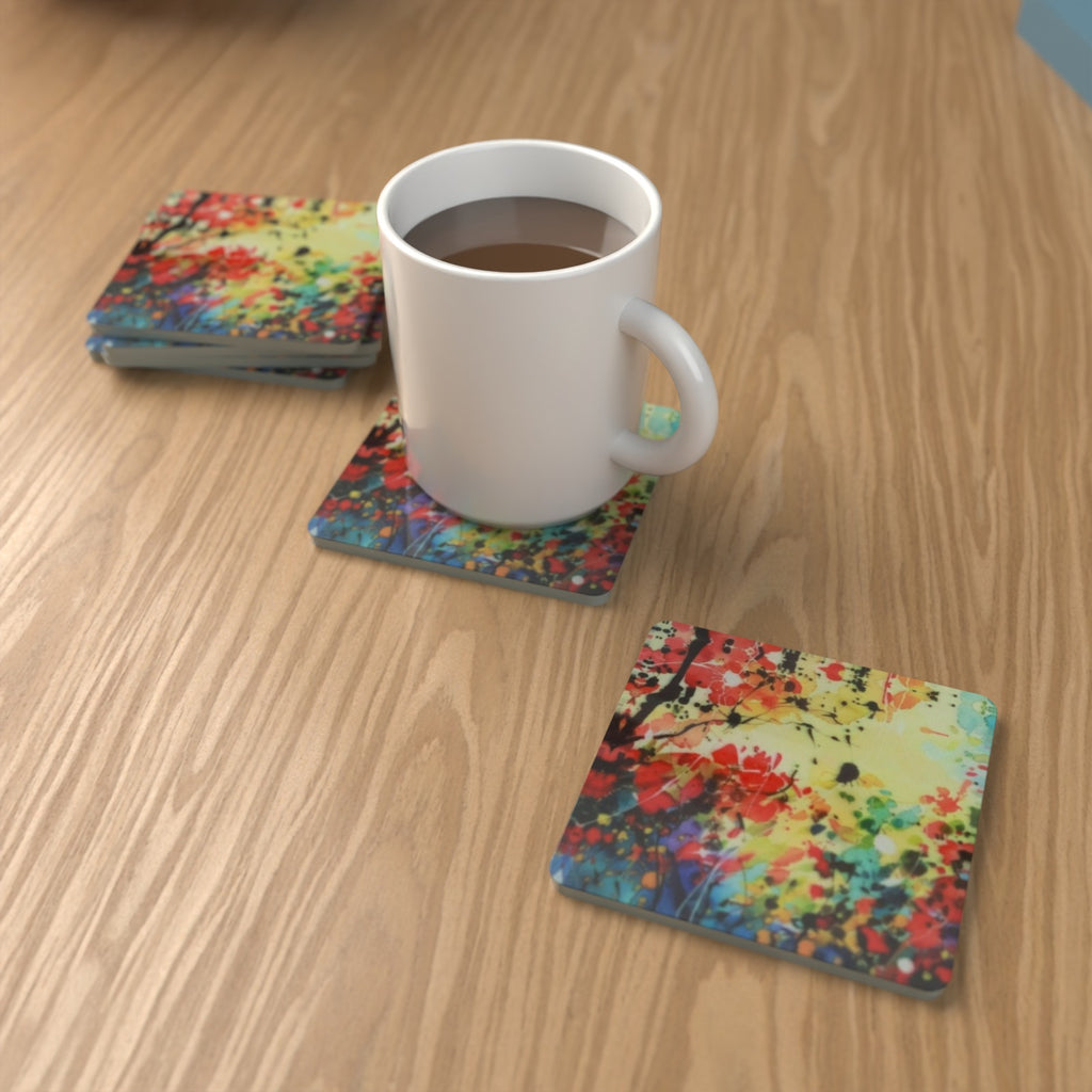 Abstract Spring Woodland Square Glass Coasters – Set of 6 – Pre-order – lifestyle mockup 1