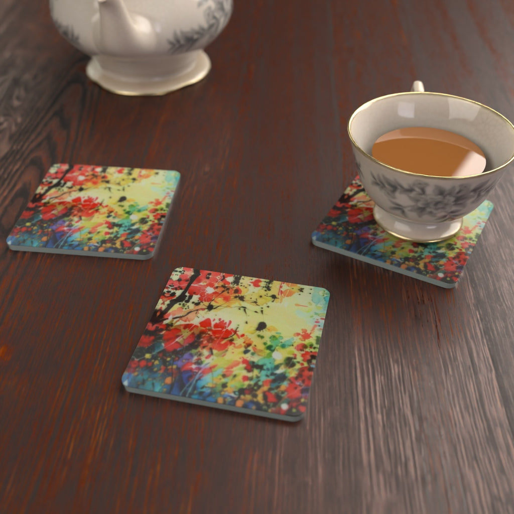 Abstract Spring Woodland Square Glass Coasters – Set of 6 – Pre-order – lifestyle mockup 2