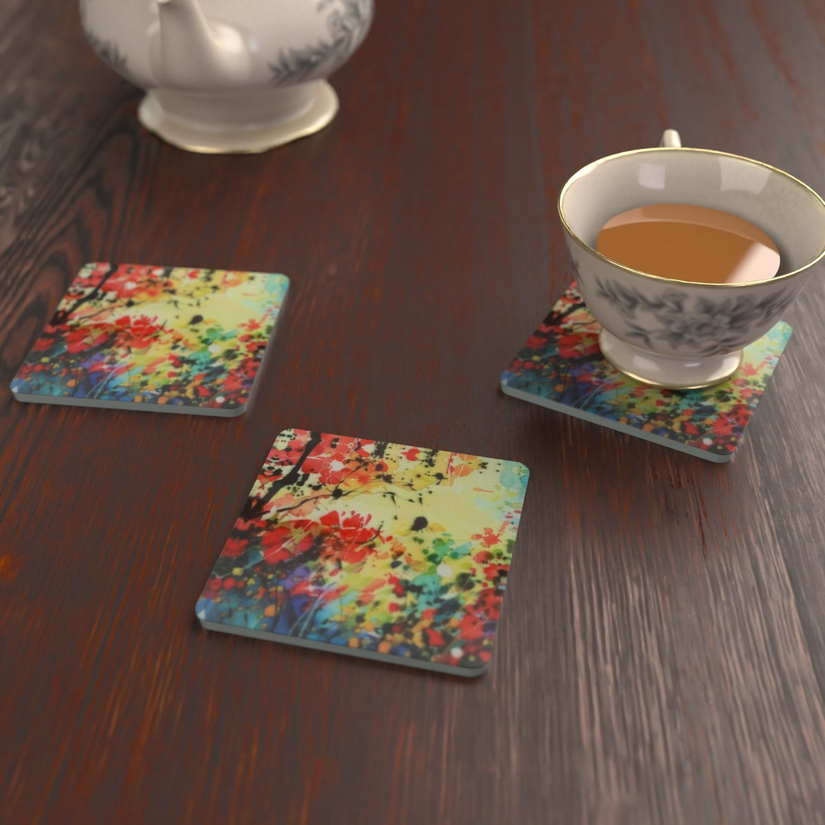 Abstract Spring Woodland Square Glass Coasters – Set of 6 – Pre-order – lifestyle mockup 2