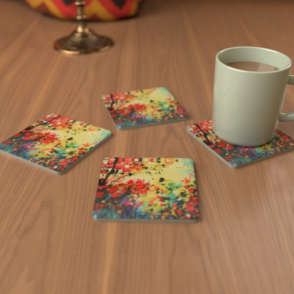 Abstract Spring Woodland Square Glass Coasters – Set of 6 – Pre-order – lifestyle mockup 3