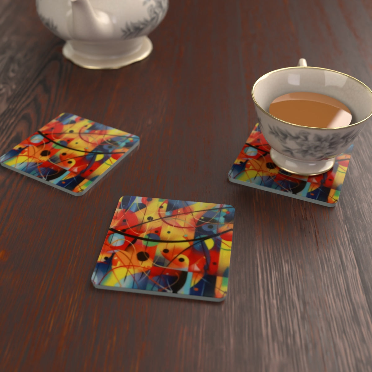 Abstract Geometric Modernist Square Glass Coasters – Set of 6 – Pre-order – lifestyle mockup 2