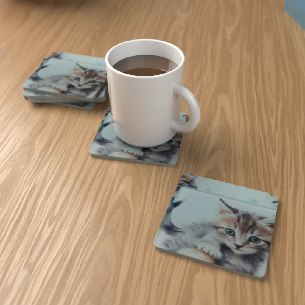 Watercolour Kitten in a Basket Square Glass Coasters – Set of 6 – Pre-order – lifestyle mockup 1