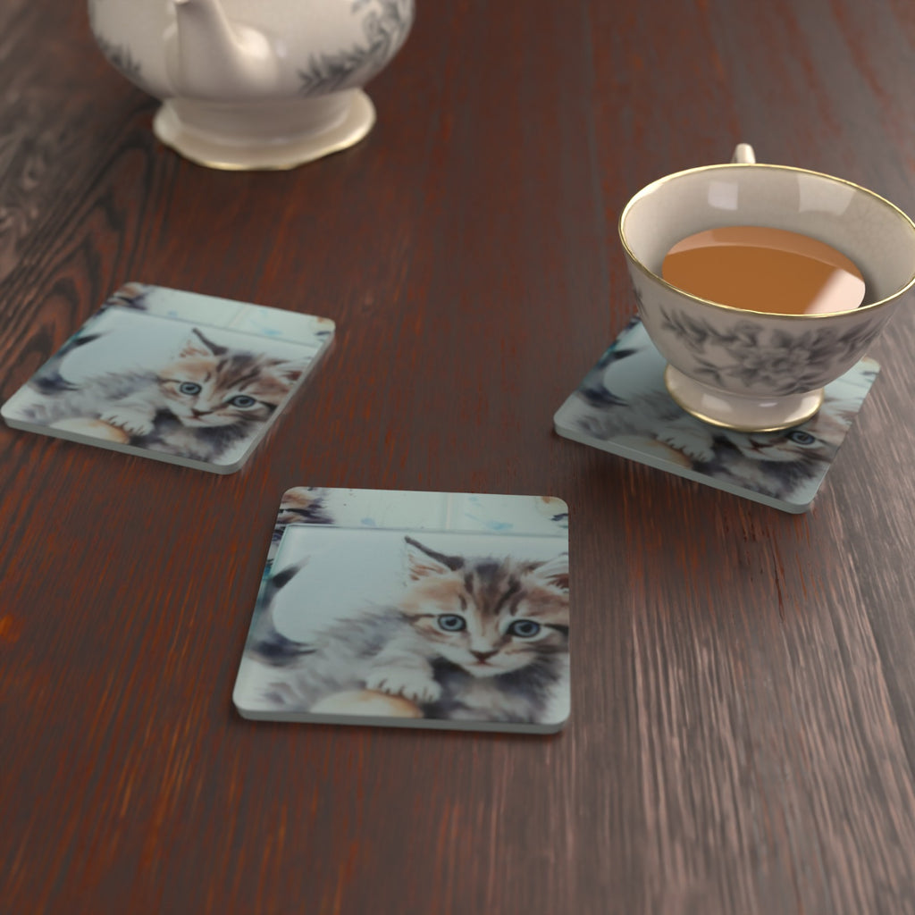 Watercolour Kitten in a Basket Square Glass Coasters – Set of 6 – Pre-order – lifestyle mockup 2