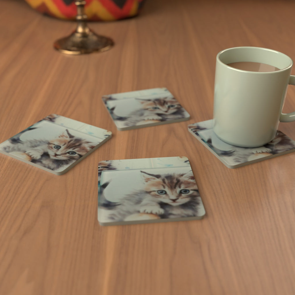 Watercolour Kitten in a Basket Square Glass Coasters – Set of 6 – Pre-order – lifestyle mockup 3