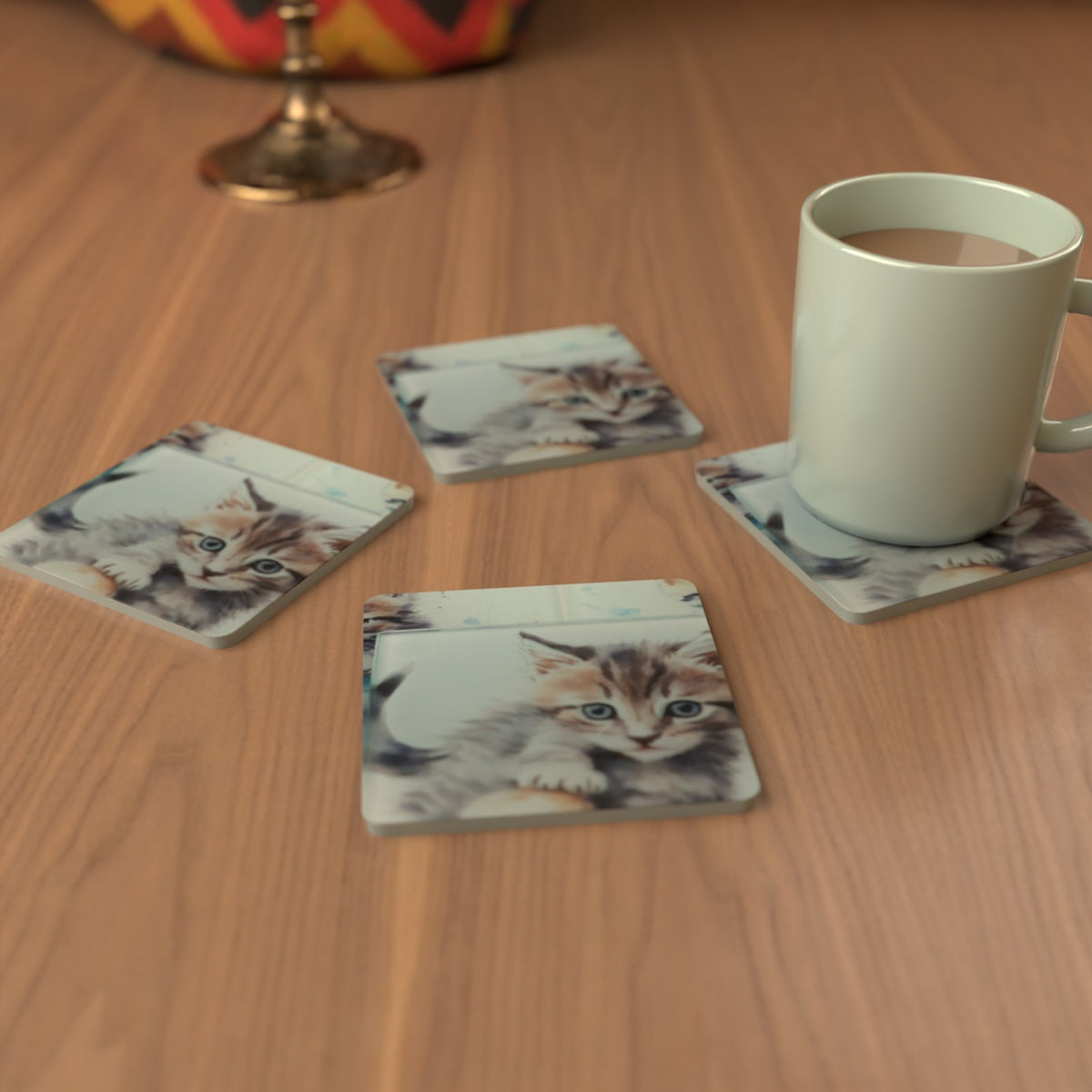 Watercolour Kitten in a Basket Square Glass Coasters – Set of 6 – Pre-order – lifestyle mockup 3