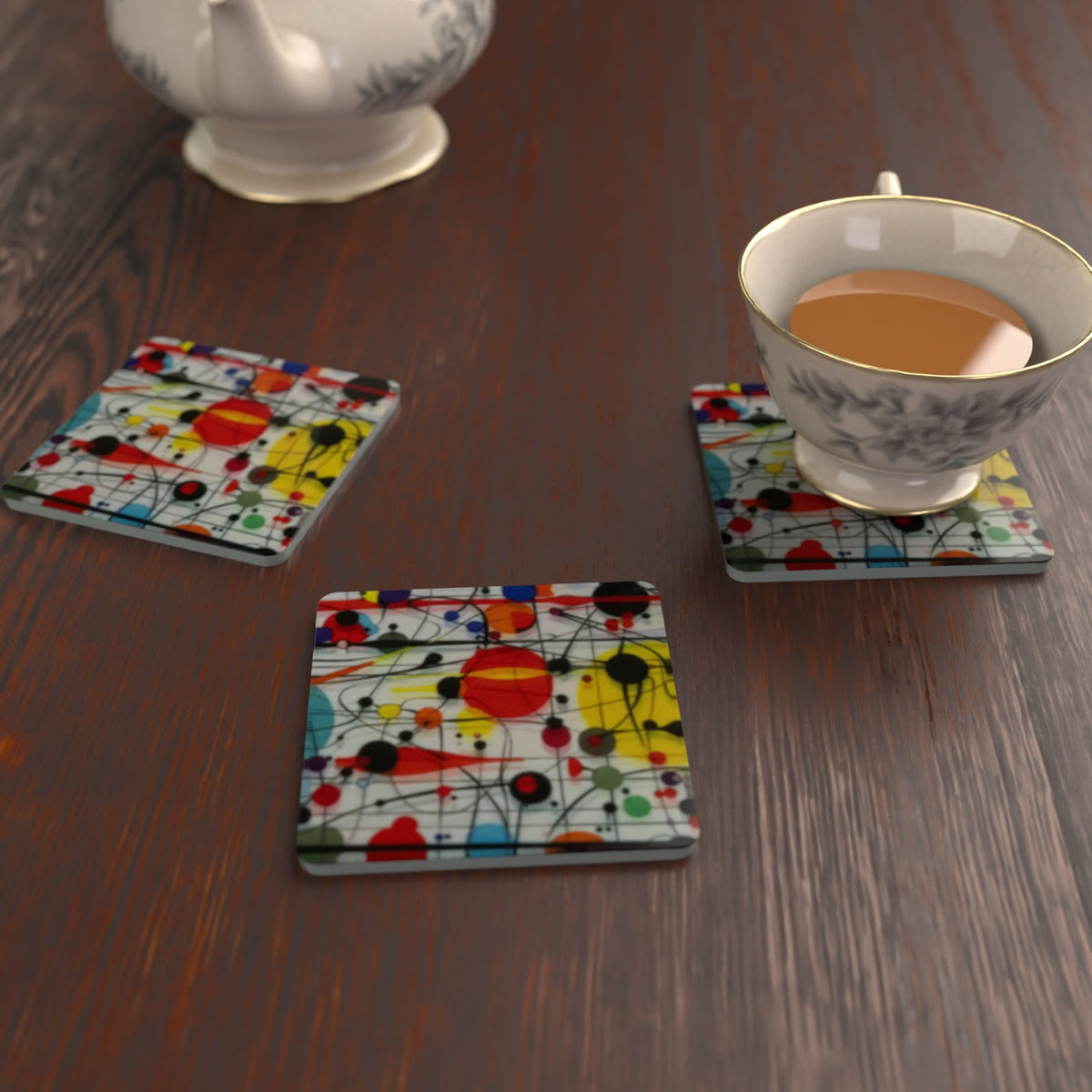 Abstract Pollock-Style Minimalist Square Glass Coasters – Set of 6 – Pre-order – lifestyle mockup 2