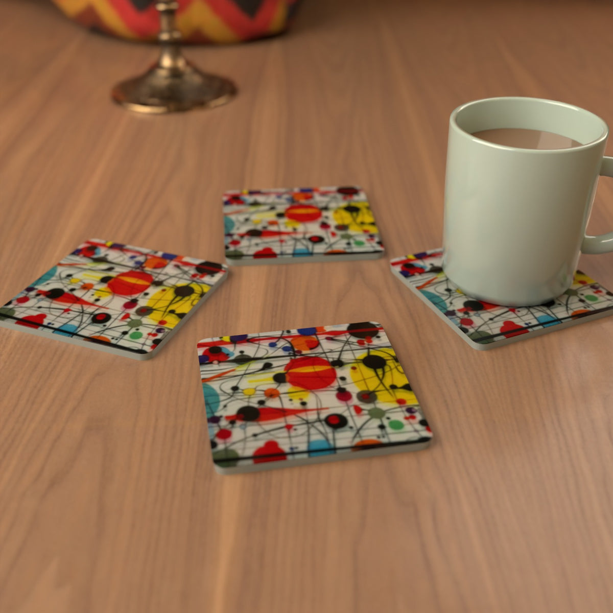 Abstract Pollock-Style Minimalist Square Glass Coasters – Set of 6 – Pre-order – lifestyle mockup 3