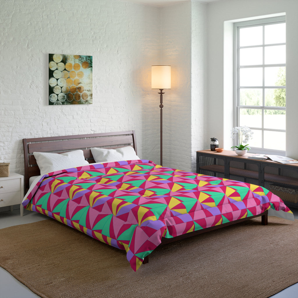 Cubist Sunburst Blocks Comforter – Candy Pop on Raspberry