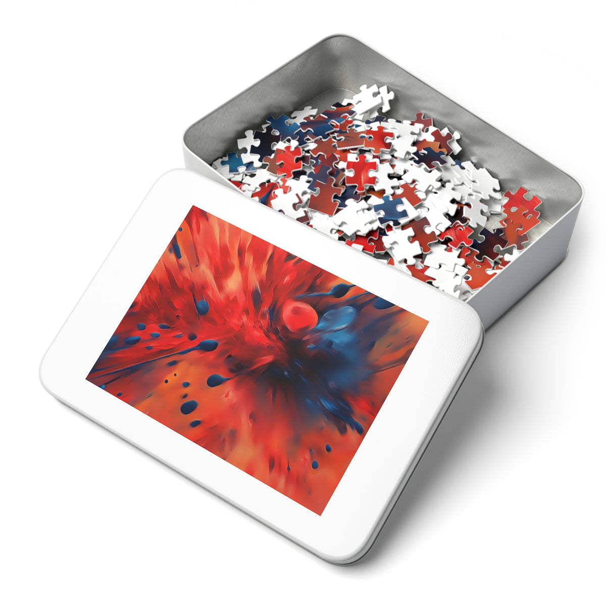 Scarlet Blue Blast Jigsaw Puzzle with Tin – Abstract Explosion Art