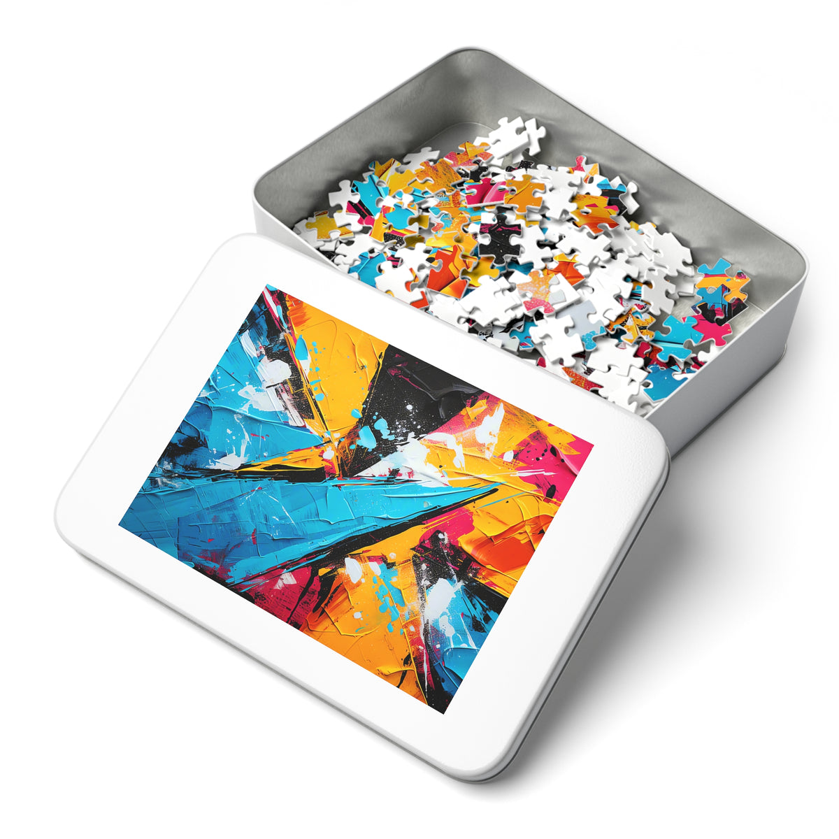 Shattered Blue Burst Jigsaw Puzzle with Tin – Bold Abstract Art
