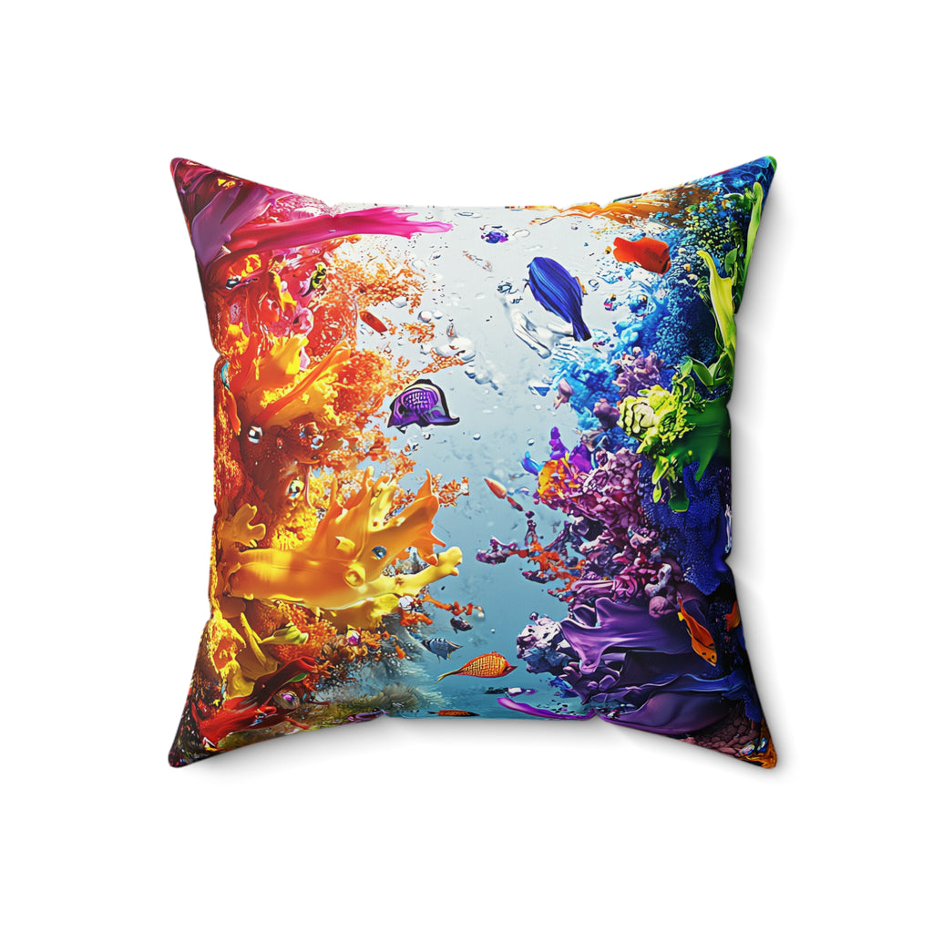 Rainbow Reef Bloom Faux Suede Cushion – Underwater Splash Art
