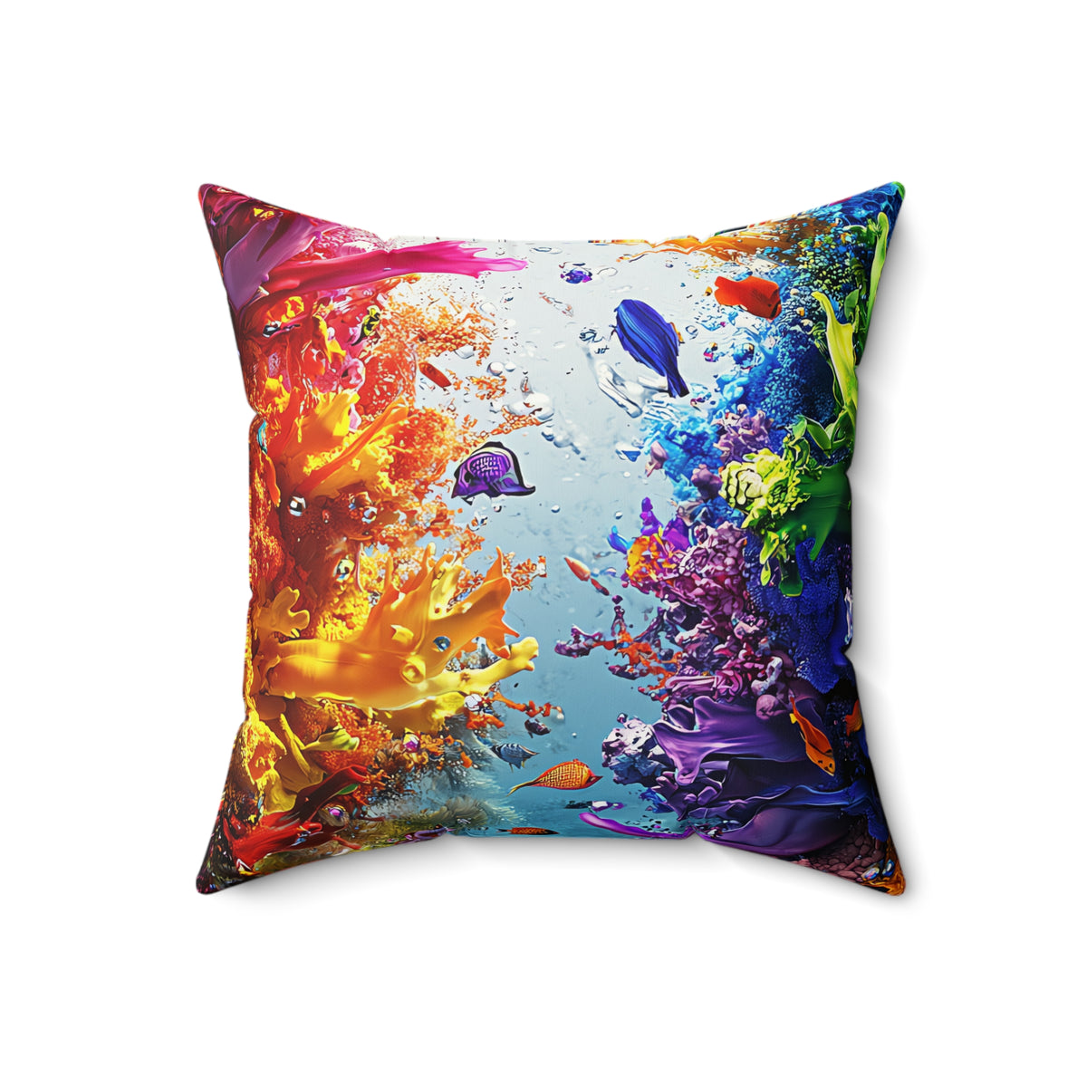 Rainbow Reef Bloom Faux Suede Cushion – Underwater Splash Art