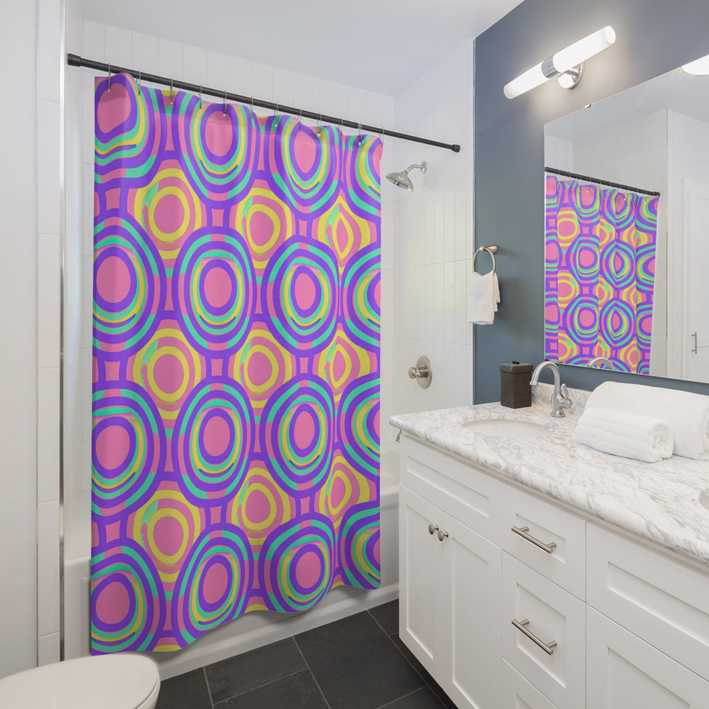 Interlocking Ring Ripples Shower Curtain – Candy Pastel on Grape