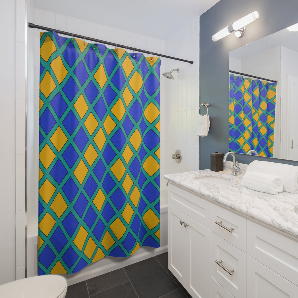 Harlequin Gold Grid Shower Curtain – Peacock Jewel