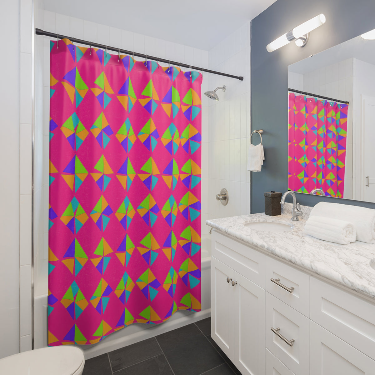Stacked Cubist Prisms Shower Curtain – Tropical Punch