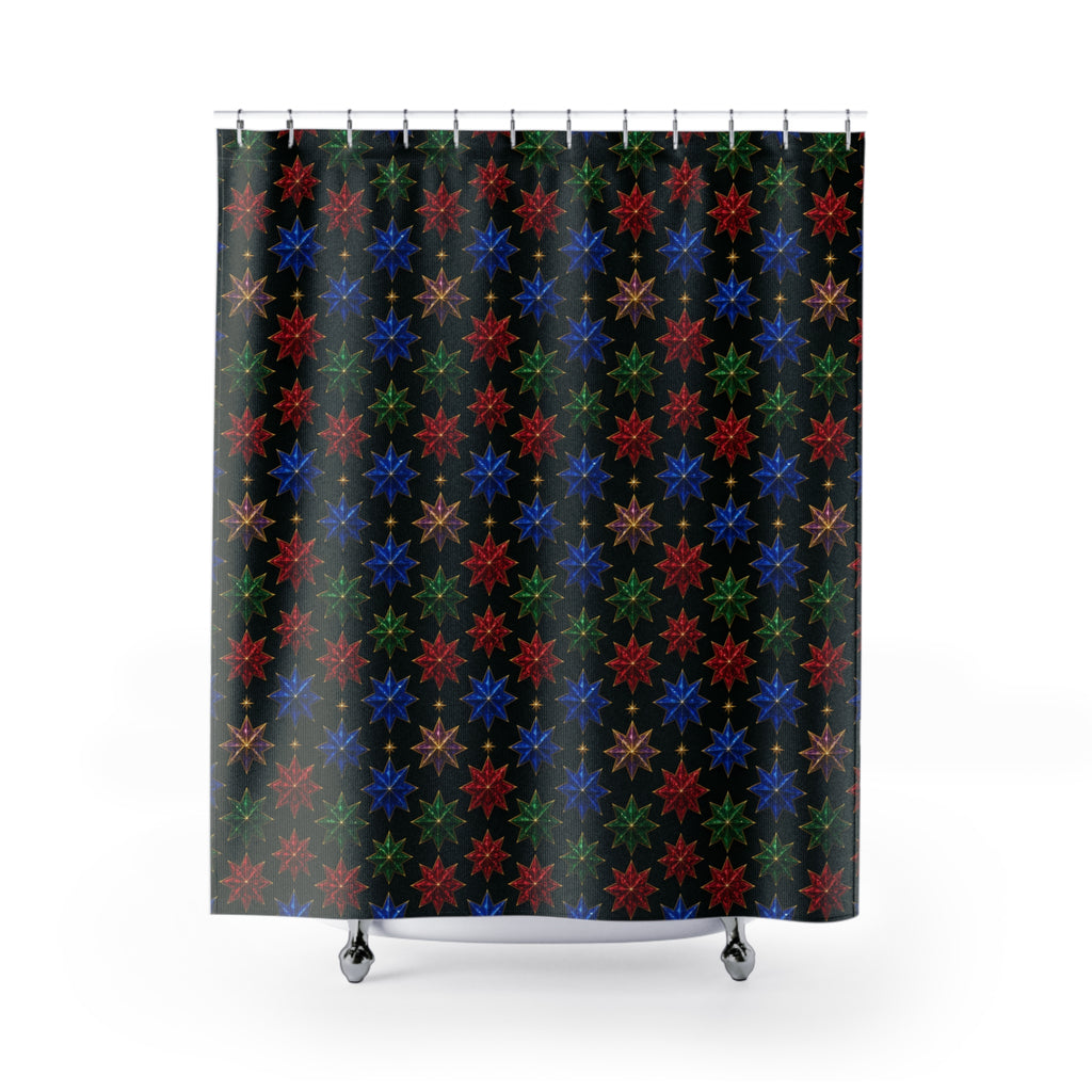 Faceted Crystal Stars Shower Curtain – Holographic-Look Kaleidoscope Pattern