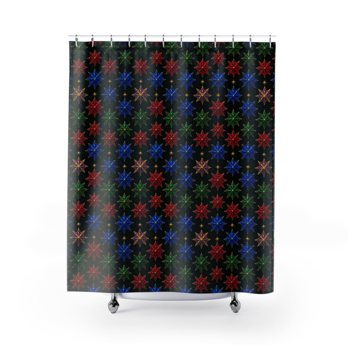 Faceted Crystal Stars Shower Curtain – Holographic-Look Kaleidoscope Pattern