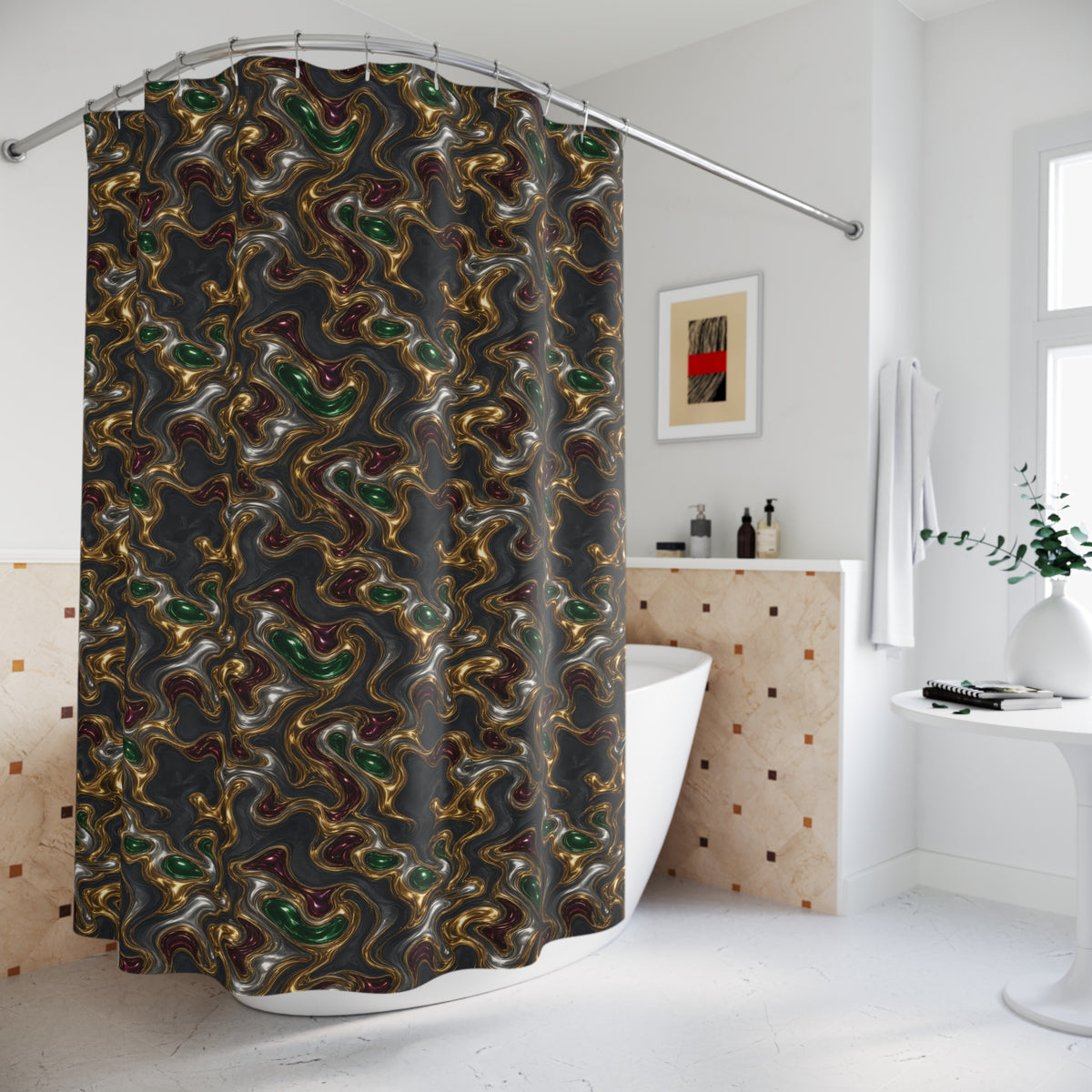 Gold Silver Ripples Shower Curtain – Liquid Chrome Pattern