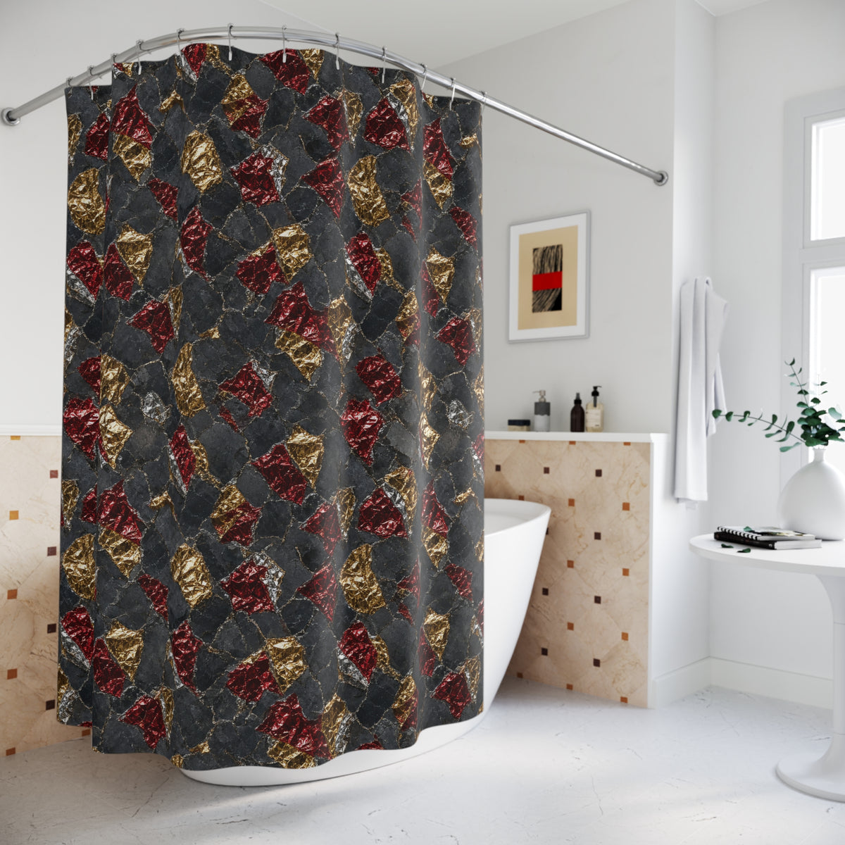 Garnet Gold Foil Shower Curtain – Holographic-Look Metal Pattern