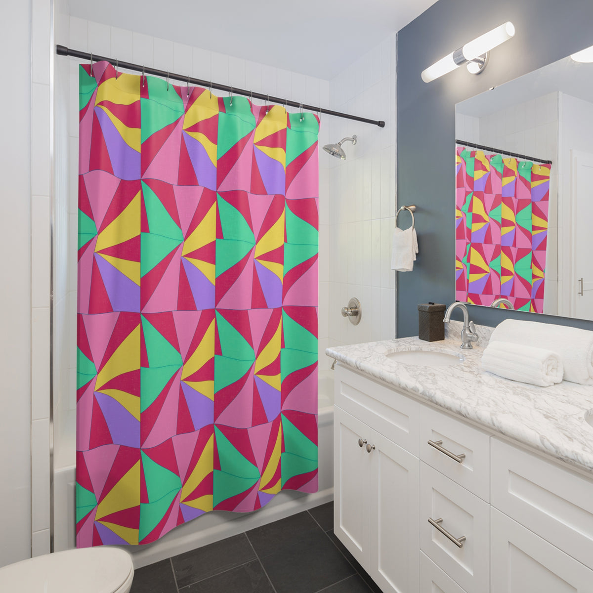 Cubist Sunburst Blocks Shower Curtain – Candy Pop on Raspberry