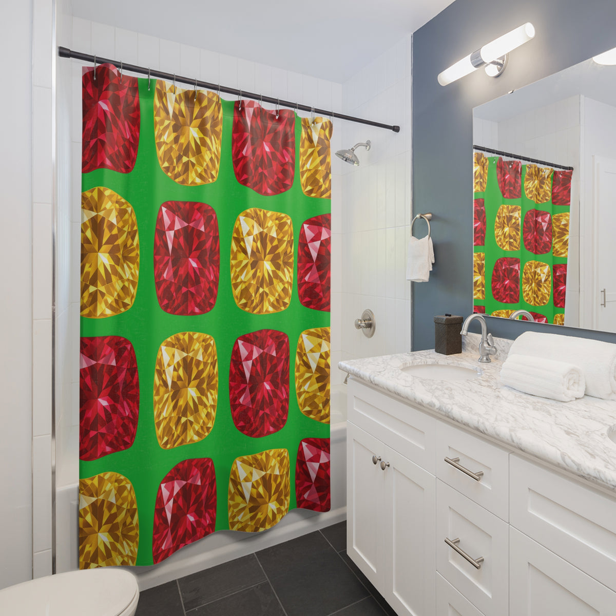Giant Cut Gem Grid Shower Curtain – Faceted Gem Geometric Pattern