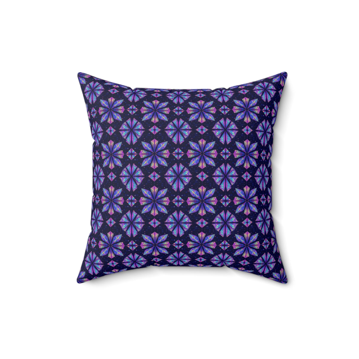 Crystal Bloom Kaleidoscope Faux Suede Cushion – Holographic-Look Geometric Pattern