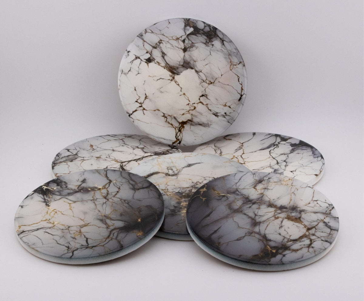 AI24020C Grey, White & Gold Marble Effect Round Ceramic Coasters-  Set of 6, colourful, gift for all occasions, six unique designs.